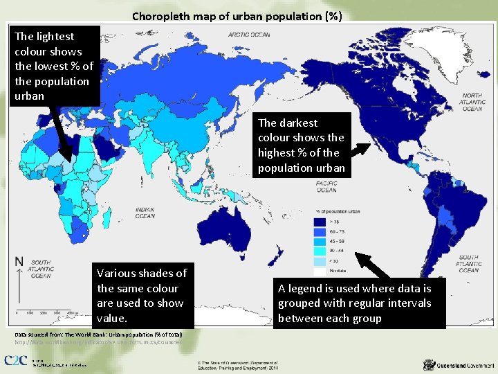 Choropleth map of urban population (%) The lightest colour shows the lowest % of