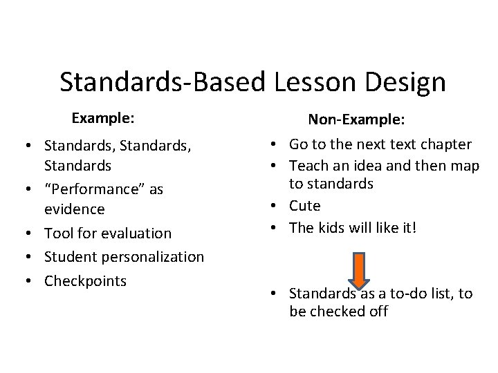 Standards-Based Lesson Design Example: • Standards, Standards • “Performance” as evidence • Tool for