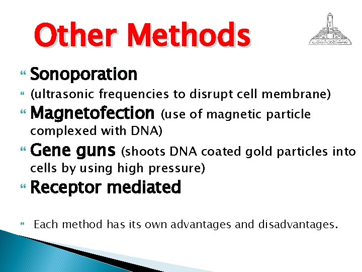 Other Methods Sonoporation (ultrasonic frequencies to disrupt cell membrane) Magnetofection (use of magnetic particle
