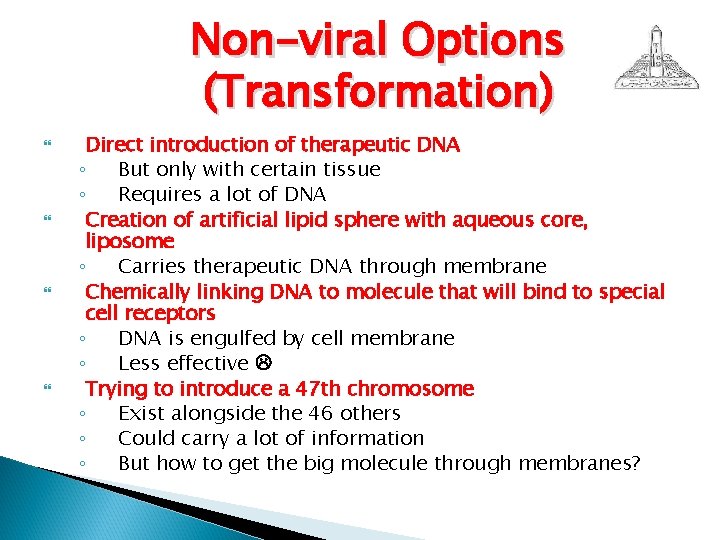 Non-viral Options (Transformation) Direct introduction of therapeutic DNA ◦ But only with certain tissue