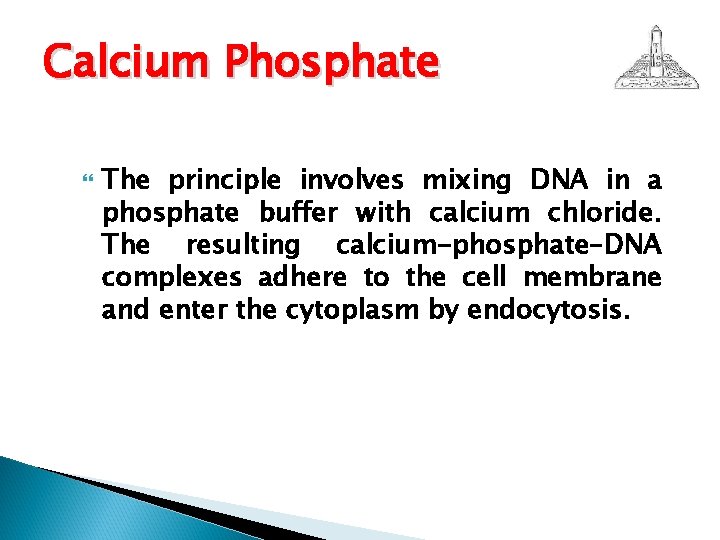 Calcium Phosphate The principle involves mixing DNA in a phosphate buffer with calcium chloride.