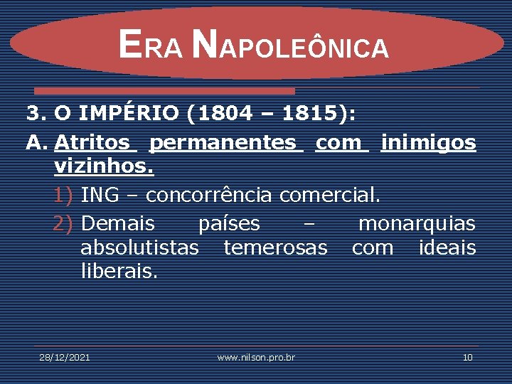 ERA NAPOLEÔNICA 3. O IMPÉRIO (1804 – 1815): A. Atritos permanentes com inimigos vizinhos.