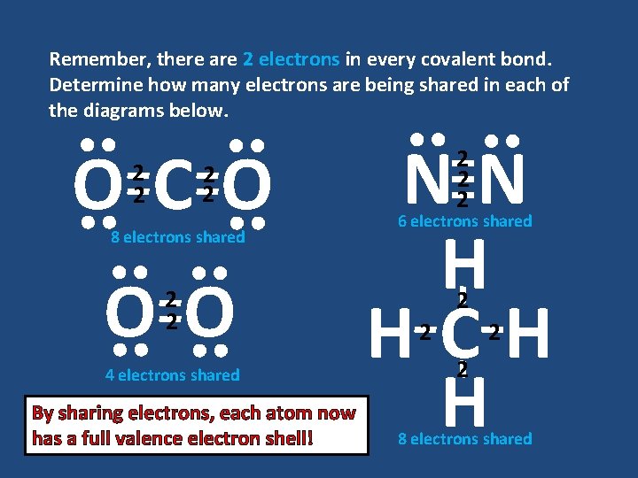Remember, there are 2 electrons in every covalent bond. Determine how many electrons are