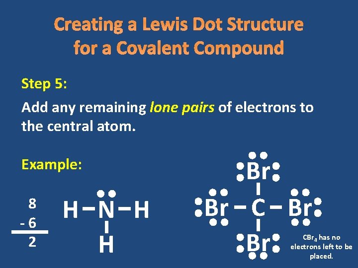 Creating a Lewis Dot Structure for a Covalent Compound Step 5: Add any remaining