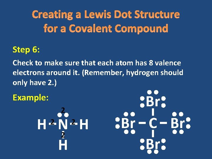 Creating a Lewis Dot Structure for a Covalent Compound Step 6: Check to make