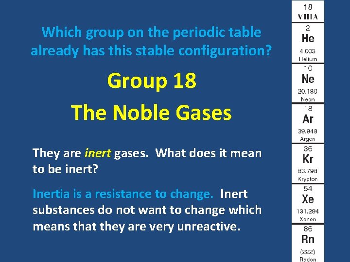 Which group on the periodic table already has this stable configuration? Group 18 The