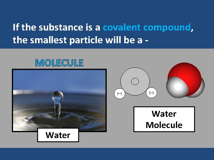 If the substance is a covalent compound, the smallest particle will be a MOLECULE