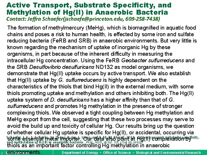 Active Transport, Substrate Specificity, and Methylation of Hg(II) in Anaerobic Bacteria Contact: Jeffra Schaefer(jschaefe@princeton. Active Transport, Substrate Specificity, and Methylation of Hg(II) in Anaerobic Bacteria Contact: Jeffra Schaefer(jschaefe@princeton.