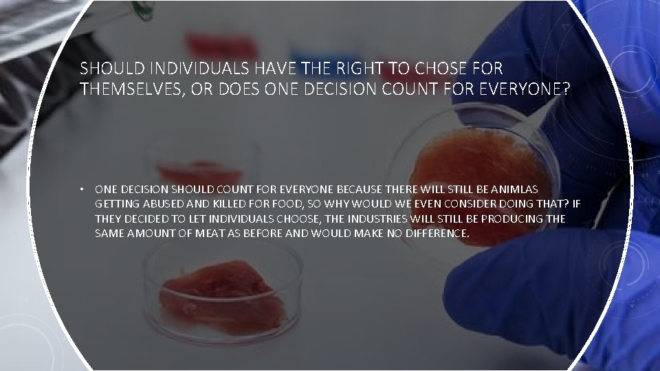 SHOULD INDIVIDUALS HAVE THE RIGHT TO CHOSE FOR THEMSELVES, OR DOES ONE DECISION COUNT