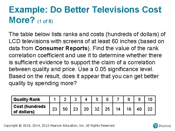 Example: Do Better Televisions Cost More? (1 of 8) The table below lists ranks