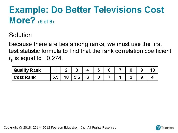 Example: Do Better Televisions Cost More? (6 of 8) Solution Because there are ties