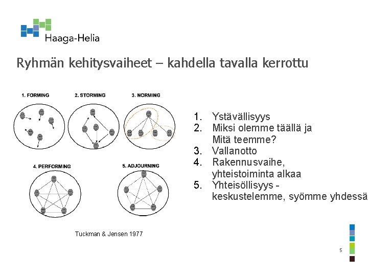 Ryhmän kehitysvaiheet – kahdella tavalla kerrottu 1. Ystävällisyys 2. Miksi olemme täällä ja Mitä