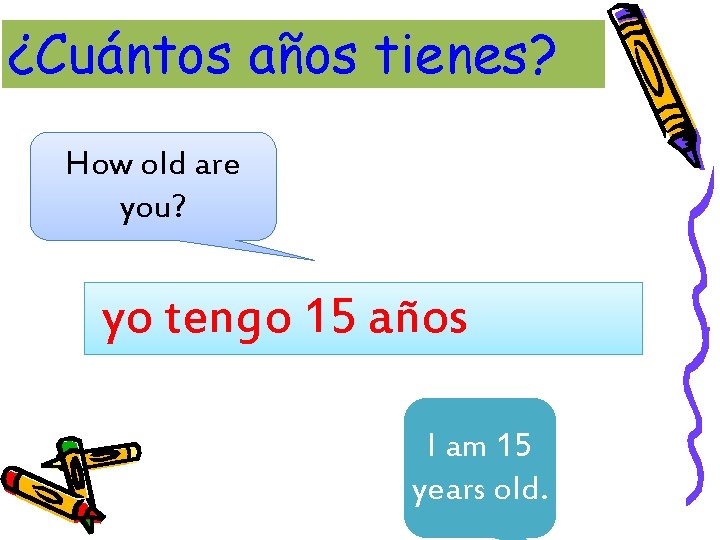 ¿Cuántos años tienes? How old are you? yo tengo 15 años I am 15