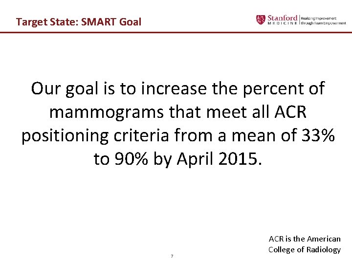 Target State: SMART Goal Our goal is to increase the percent of mammograms that