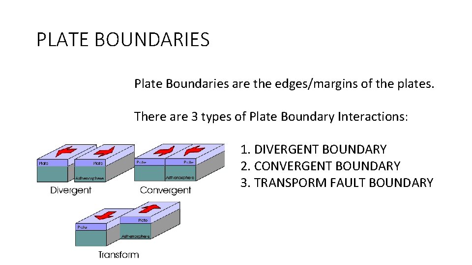 PLATE BOUNDARIES Plate Boundaries are the edges/margins of the plates. There are 3 types