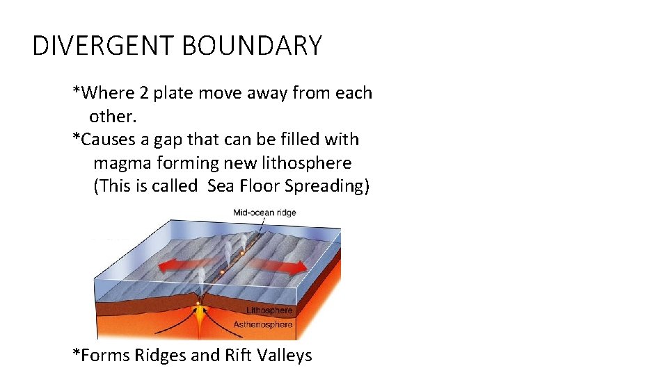 DIVERGENT BOUNDARY *Where 2 plate move away from each other. *Causes a gap that