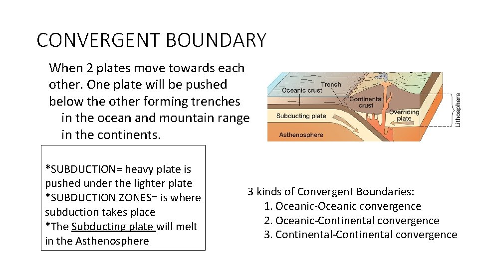 CONVERGENT BOUNDARY When 2 plates move towards each other. One plate will be pushed