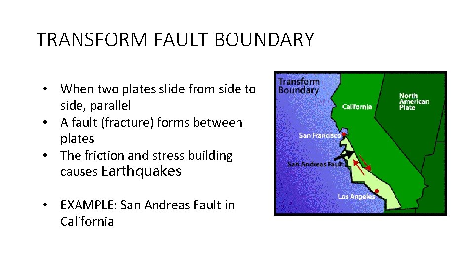 TRANSFORM FAULT BOUNDARY • When two plates slide from side to side, parallel • TRANSFORM FAULT BOUNDARY • When two plates slide from side to side, parallel •