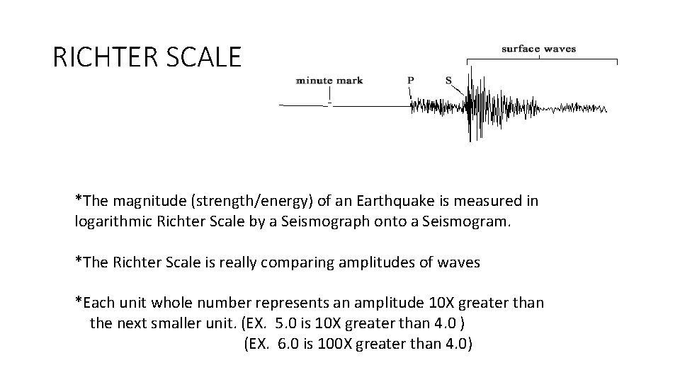 RICHTER SCALE *The magnitude (strength/energy) of an Earthquake is measured in logarithmic Richter Scale RICHTER SCALE *The magnitude (strength/energy) of an Earthquake is measured in logarithmic Richter Scale