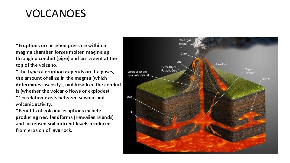 VOLCANOES *Eruptions occur when pressure within a magma chamber forces molten magma up through