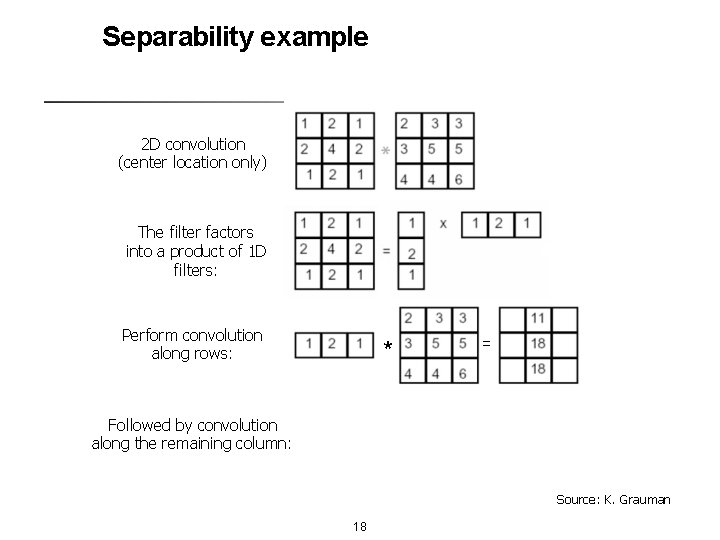 Separability example 2 D convolution (center location only) The filter factors into a product