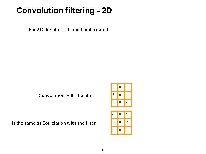 Convolution filtering - 2 D For 2 D the filter is flipped and rotated