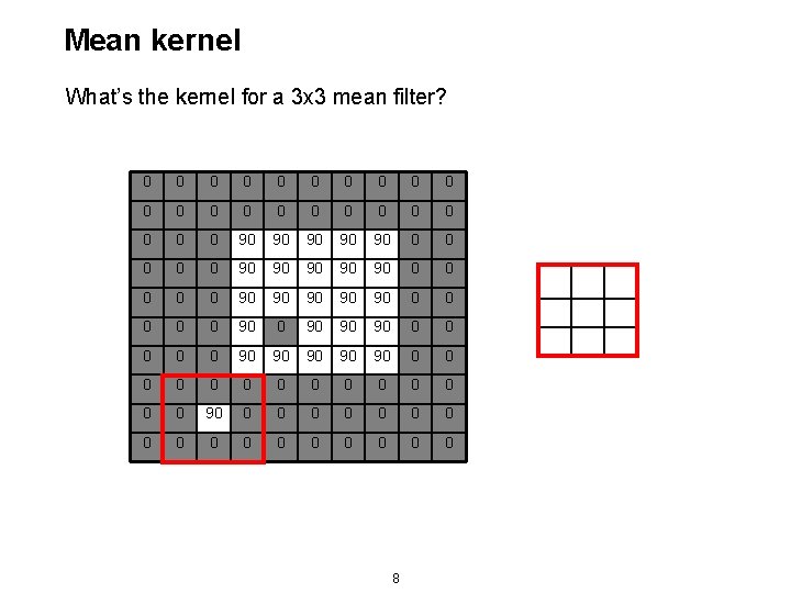Mean kernel What’s the kernel for a 3 x 3 mean filter? 0 0