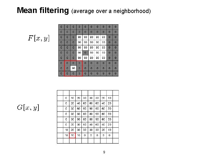 Mean filtering (average over a neighborhood) 9 