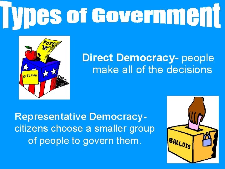 Direct Democracy- people make all of the decisions Representative Democracycitizens choose a smaller group