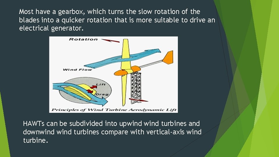 Most have a gearbox, which turns the slow rotation of the blades into a