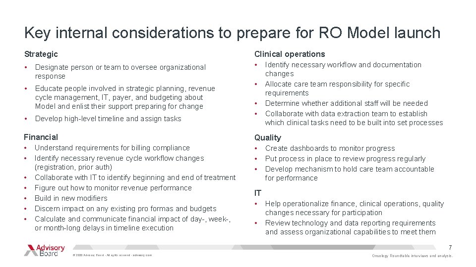 Key internal considerations to prepare for RO Model launch Strategic • Designate person or
