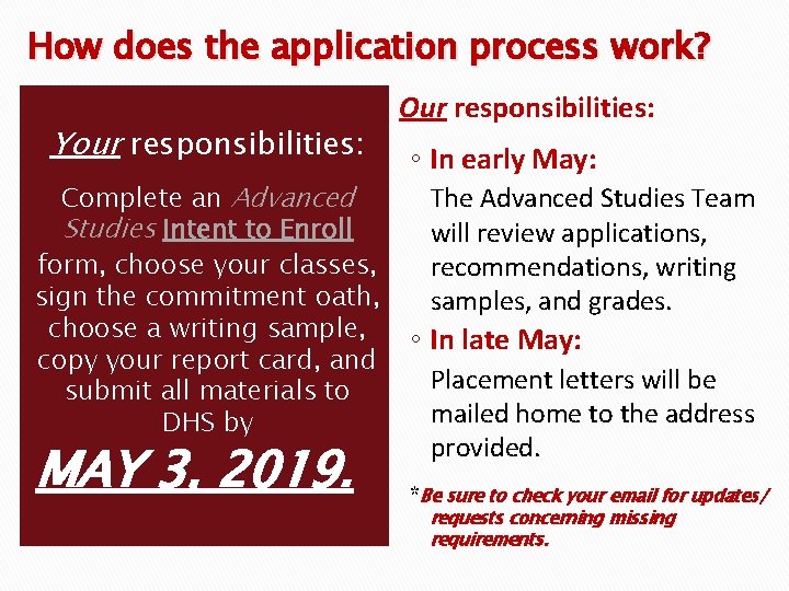 How does the application process work? Your responsibilities: Complete an Advanced Studies Intent to