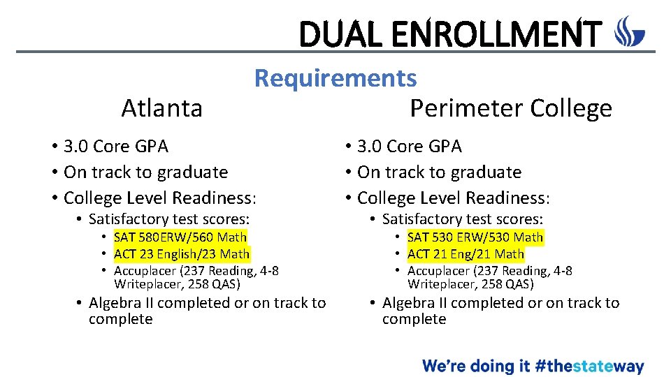 DUAL ENROLLMENT Atlanta Requirements Perimeter College • 3. 0 Core GPA • On track