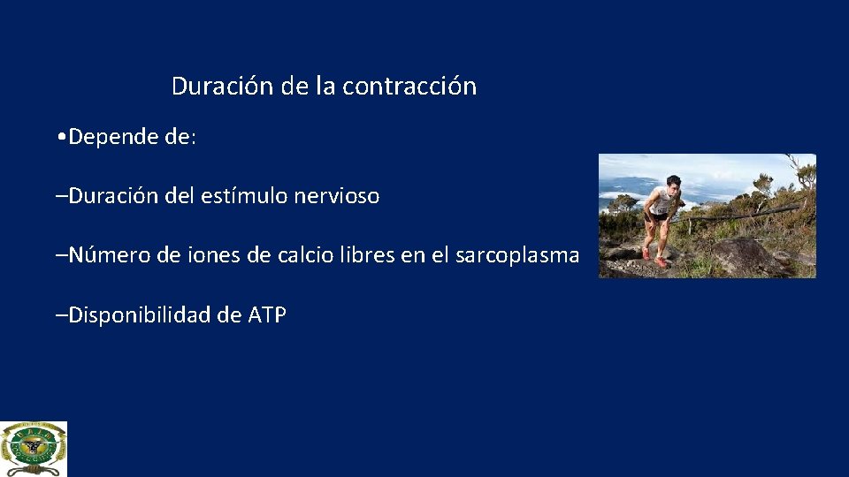 Duración de la contracción • Depende de: –Duración del estímulo nervioso –Número de iones