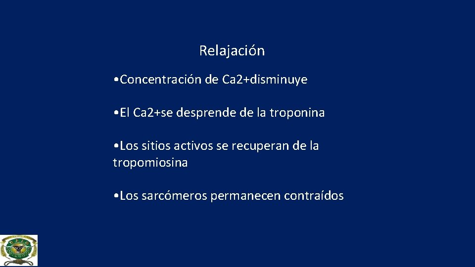 Relajación • Concentración de Ca 2+disminuye • El Ca 2+se desprende de la troponina