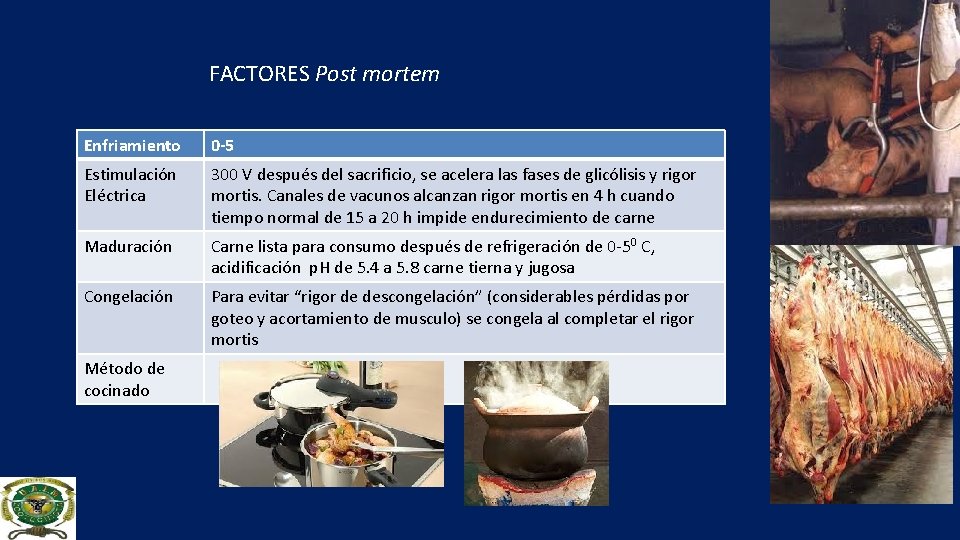 FACTORES Post mortem Enfriamiento 0 -5 Estimulación Eléctrica 300 V después del sacrificio, se