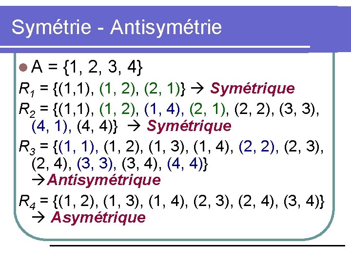 Symétrie - Antisymétrie l. A = {1, 2, 3, 4} R 1 = {(1,