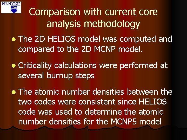 Comparison with current core analysis methodology l The 2 D HELIOS model was computed