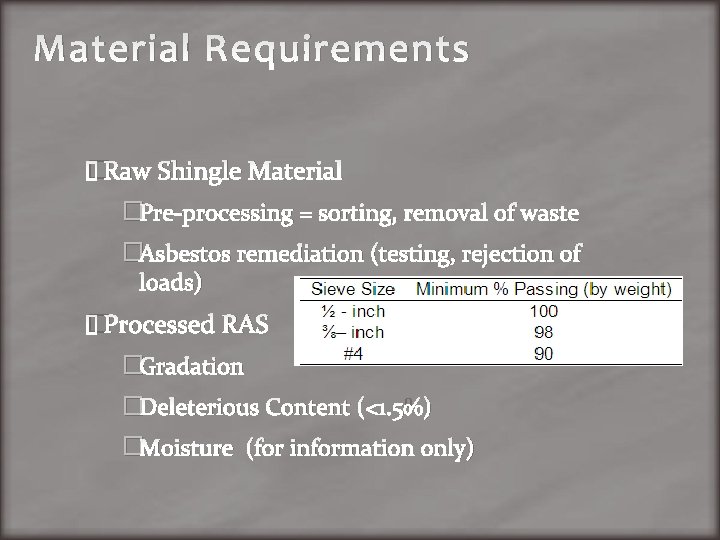 Material Requirements �Raw Shingle Material �Pre-processing = sorting, removal of waste �Asbestos remediation (testing,