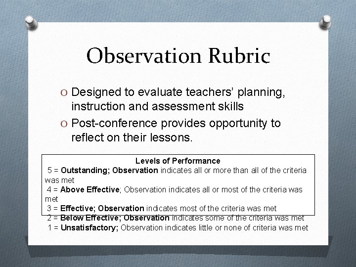 Observation Rubric O Designed to evaluate teachers’ planning, instruction and assessment skills O Post-conference