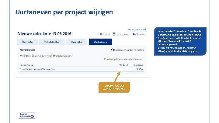 Uurtarieven per project wijzigen In het tabblad ‘Uurtarieven’ worden de uurtarieven uit de centrale