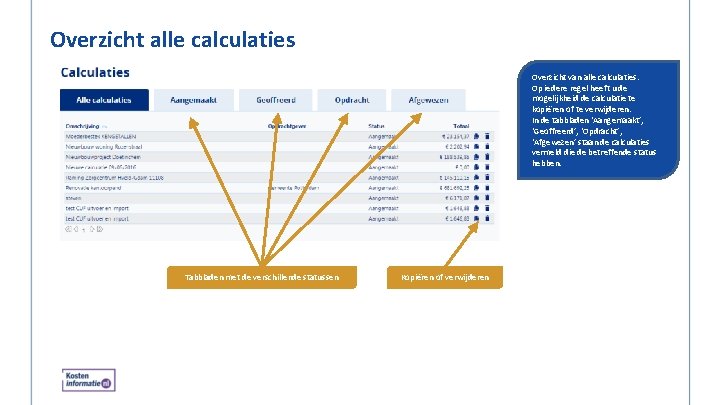 Overzicht alle calculaties Overzicht van alle calculaties. Op iedere regel heeft u de mogelijkheid