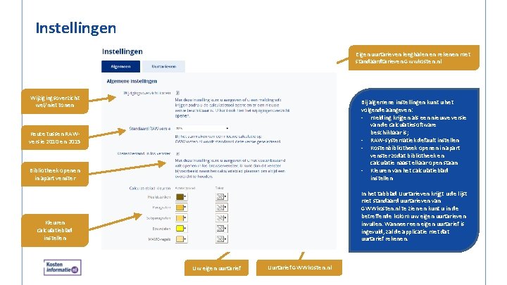 Instellingen Eigen uurtarieven leeghalen en rekenen met standaardtarieven Gwwkosten. nl Wijzigingsoverzicht wel/niet tonen Bibliotheek