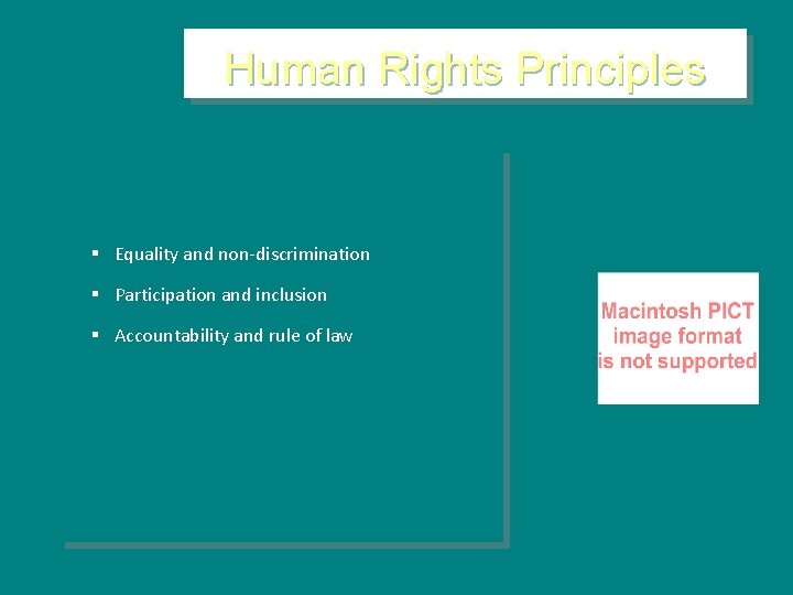Human Rights Principles § Equality and non-discrimination § Participation and inclusion § Accountability and
