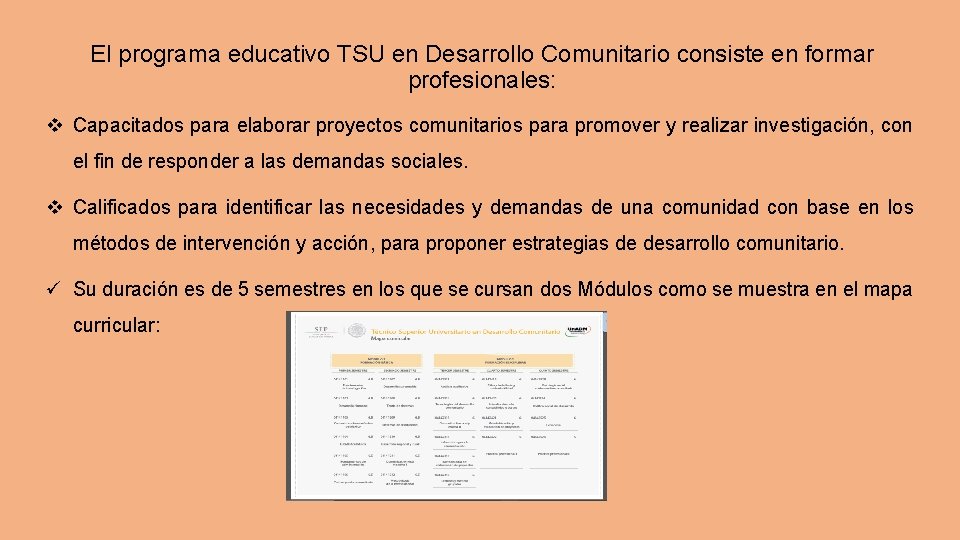 El programa educativo TSU en Desarrollo Comunitario consiste en formar profesionales: v Capacitados para