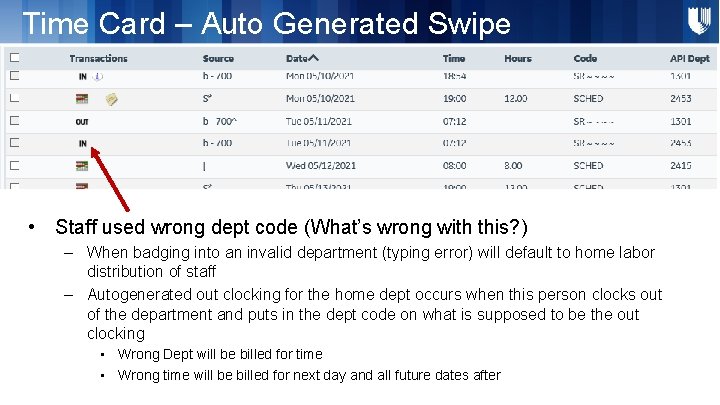 Time Card – Auto Generated Swipe • Staff used wrong dept code (What’s wrong