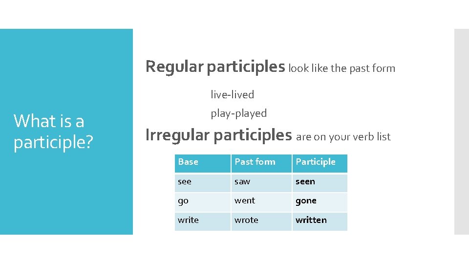 PRESENT PERFECT HAVEHAS PARTICIPLE Express an action that