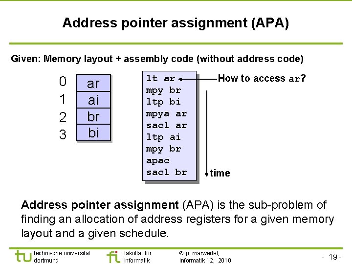 TU Dortmund Address pointer assignment (APA) Given: Memory layout + assembly code (without address