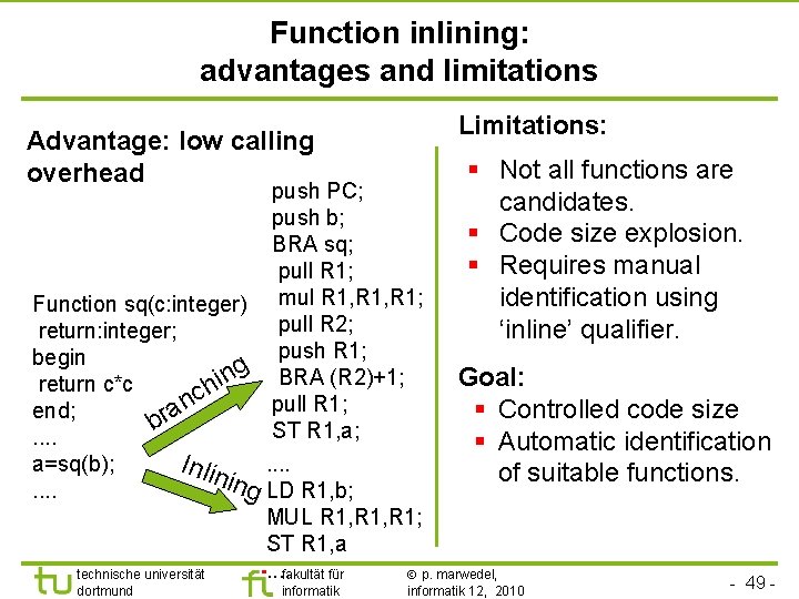 TU Dortmund Function inlining: advantages and limitations Advantage: low calling overhead Function sq(c: integer)