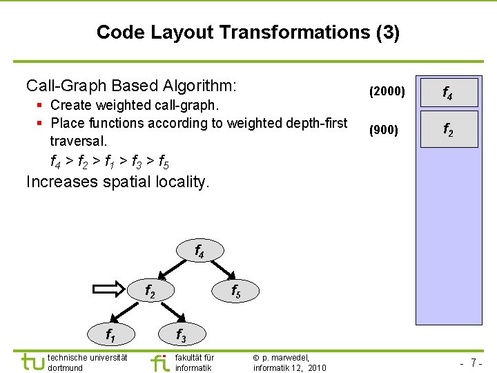 TU Dortmund Code Layout Transformations (3) Call-Graph Based Algorithm: § Create weighted call-graph. §